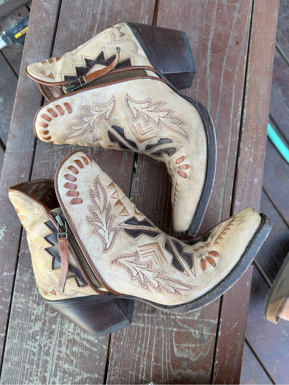 Ariat Beige Suede Western Cutout Ankle Boots with Brown Accents - Picture 2 of 3